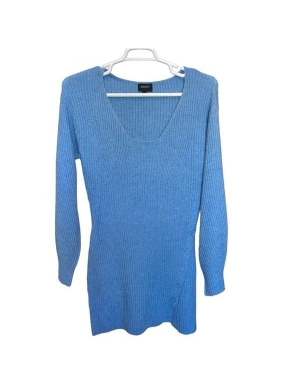 Bardot Wynter Knit Dress Women’s L Bijou Blue Side Button Rib Sweater Mini